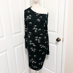 Isabel De Pedro Dress Womens Sz 10 Black Jersey Draped Birds Sparrow Long Sleeve
